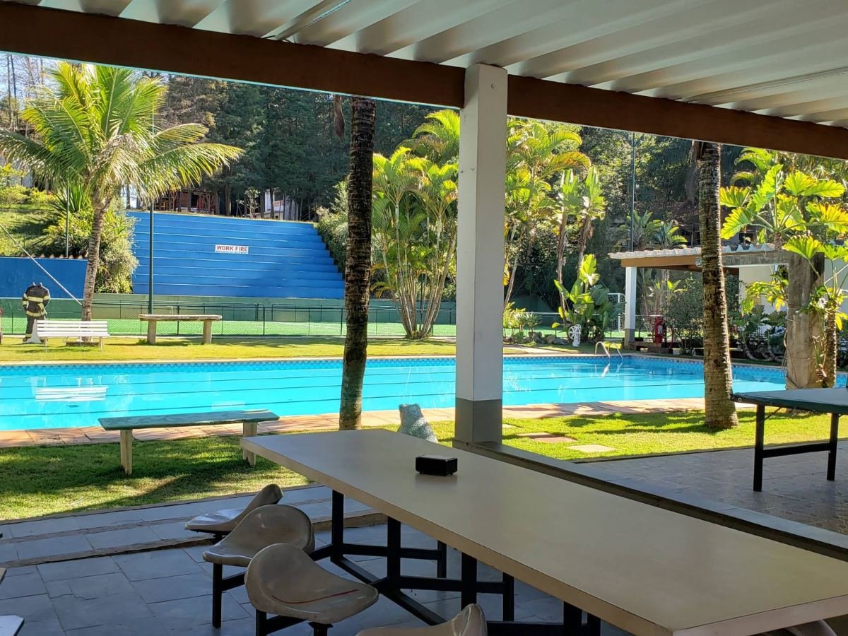 Área coberta com mesas de frente para a piscina
